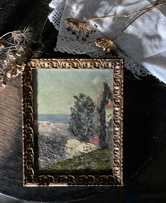 A lovely antique mediterranean landscape oil painting with impasto texture in original frame