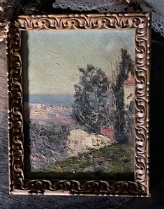 A lovely antique mediterranean landscape oil painting with impasto texture in original frame