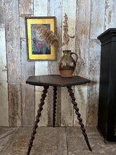 Load image into Gallery viewer, Antique dark wood tripod spiral twist leg gypsy style table