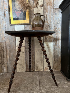 Antique dark wood tripod spiral twist leg gypsy style table