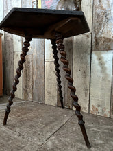 Load image into Gallery viewer, Antique dark wood tripod spiral twist leg gypsy style table
