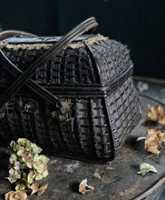 Load image into Gallery viewer, This beautiful Vintage French dark woven wicker &amp; cotton ribbon basket, would have been used to transport birds or eggs back from the market.  It is beautifully made and has a delicate detail of lace around the top and cross over handles.