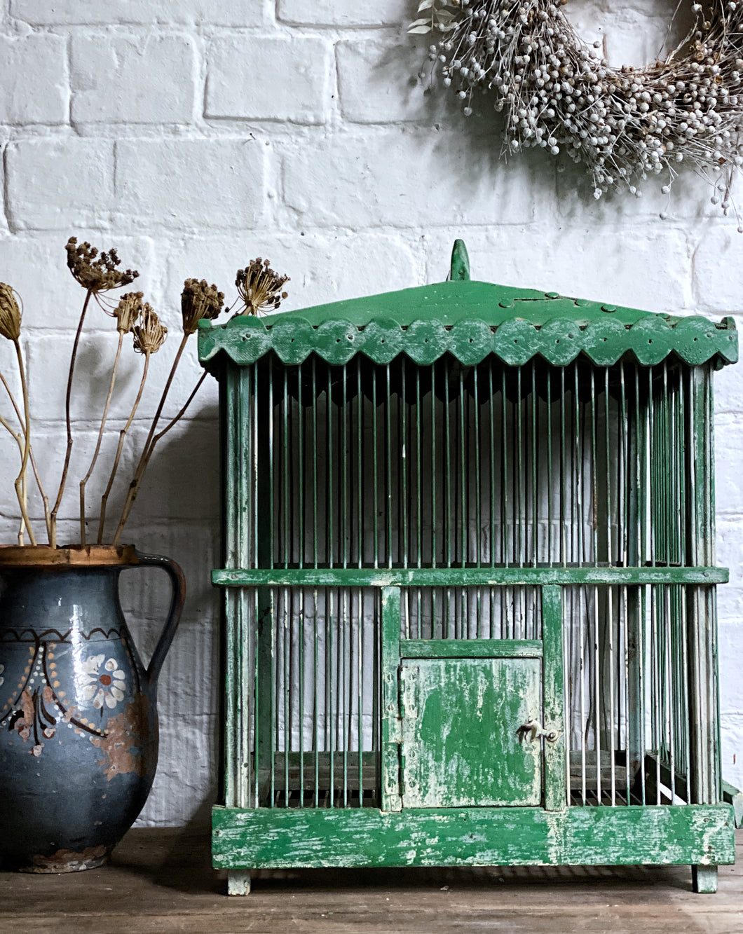 French Vintage Green Painted Decorative Wooden Bird Cage