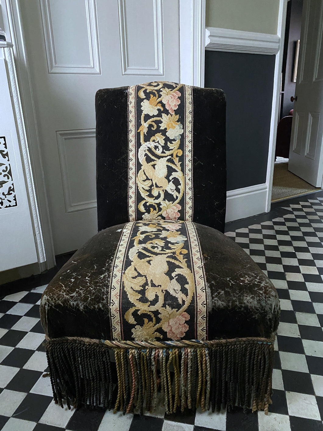 19th Century Antique Victorian Black Velvet & Needlepoint Slipper Chair