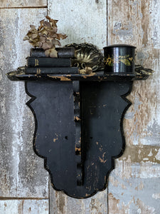 Antique Black Chippy Original Painted Wooden Display Wall Sconce with Shelf