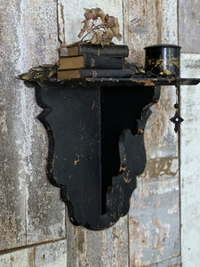 Antique Black Chippy Original Painted Wooden Display Wall Sconce with Shelf