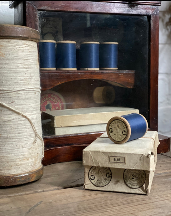 Box of Vintage British Threads bobbins, Unused Blue Cotton Thread 