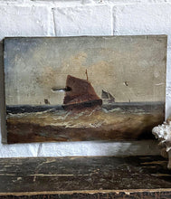 Load image into Gallery viewer, Small Naive Antique Seascape Oil Painting on Stretched Canvas
