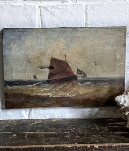 Small Naive Antique Seascape Oil Painting on Stretched Canvas