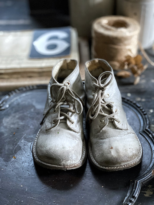 Tiny Pair of White Vintage Antique Child's Leather Boots