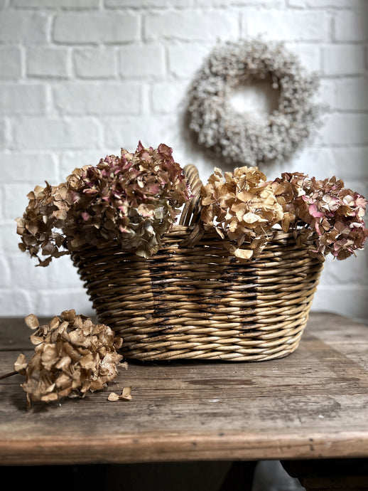 A stencilled French Vintage fruit pickers harvest rustic basket