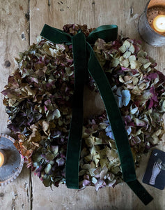 Dried Hydrangea floral Wreath, Autumnal Wreath, Rustic Wreath with velvet ribbon