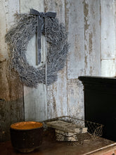 Load image into Gallery viewer, Rustic grey twiggy Christmas wreath with grey velvet ribbon