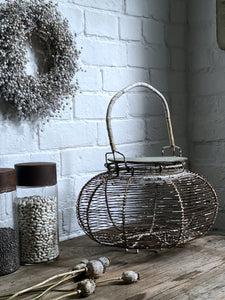 Rustic French Metal Wire Egg Basket with Wooden Lid