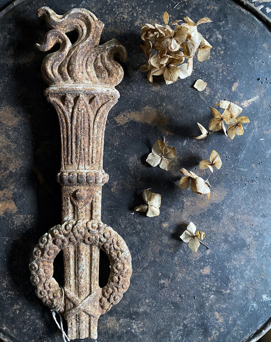 Salvaged Architectural Piece of 18th Century French Metal with Torch & Laurel Wreath