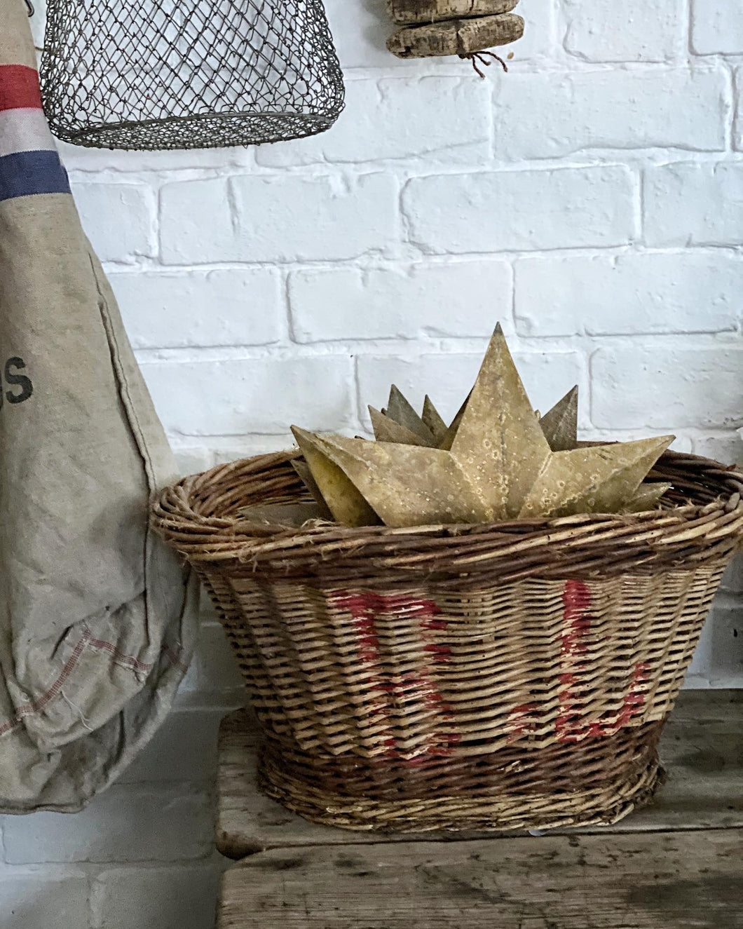 Vintage French Woven Stencilled Harvest fruit basket