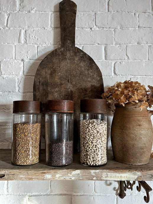 A Set of 3 Antique 19th Century Apothecary jars with rusted metal lids