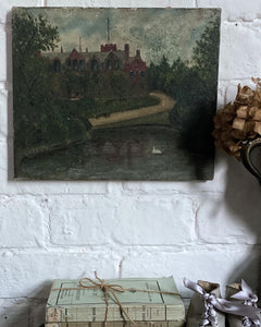 Vintage Landscape Painting in Oils on Canvas of a Country House