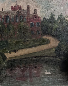 Vintage Landscape Painting in Oils on Canvas of a Country House