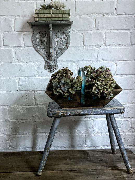 A Vintage French lilac chippy painted wooden rustic milking stool