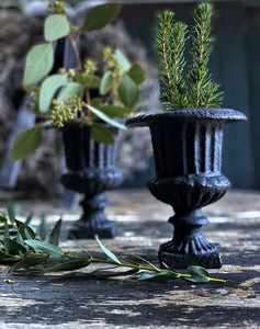 Small cast iron black painted decorative mini classical urn