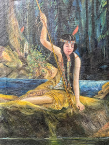 A Vintage Oil Painting Portrait of a Native American Girl Fishing