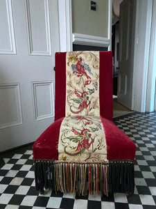19th Century Antique Victorian Red Velvet & Needlepoint Slipper Chair