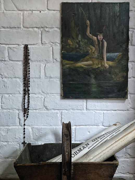 A Vintage Oil Painting Portrait of a Native American Girl Fishing