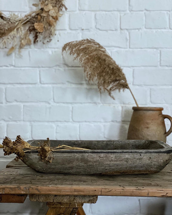 A large grey Vintage wooden rustic primitive dough bowl trough