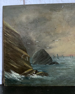This lovely antique 129th Century, nautical oil painting of a seascape on artists board is signed in the corner but not dated. 