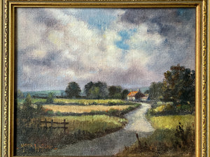 Vintage Landscape oil painting on stretched canvas gilt framed