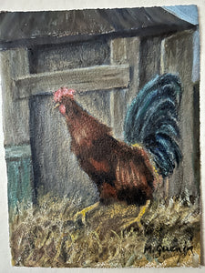 A still life painting of a farmyard cockerel in gouache