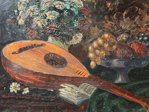 Large Vintage still life oil painting on stretched canvas depicting a mandolin and fruit
