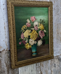 1940s Still Life Oil Painting on Artist's Board with Original Frame