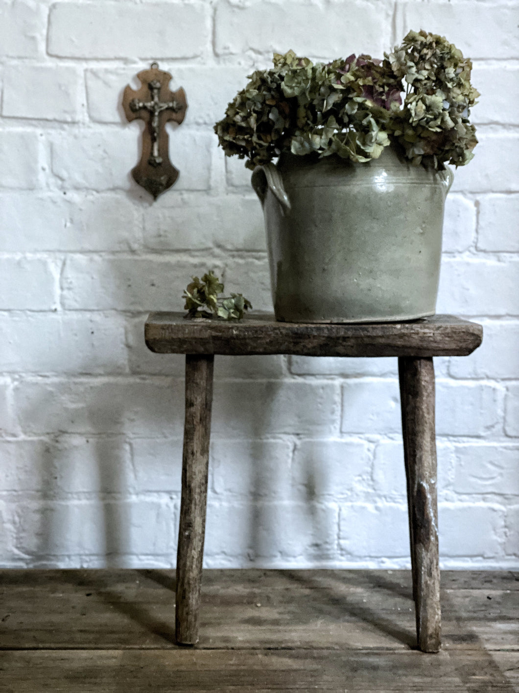 French Rustic Vintage Wooden Farmhouse Stool