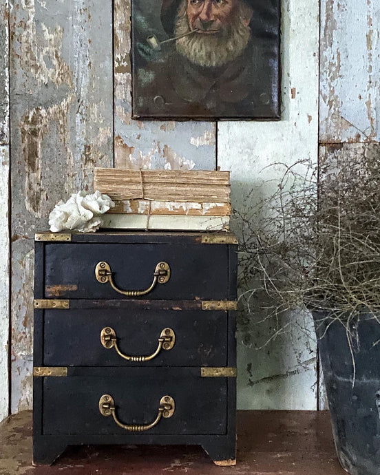 Dark Wood & Brass Japanese Desk Top Tansu Chest