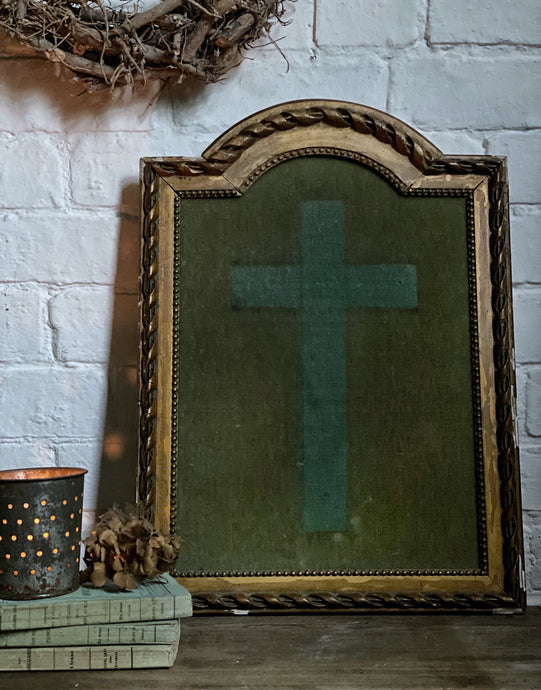 Vintage French Velvet Stencilled Cross Framed in Vintage Gilt Frame