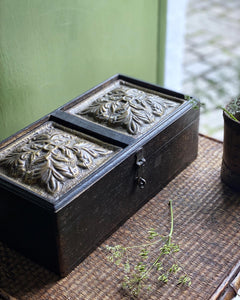 An Arts and Crafts mid 19th Century antique wooden storage box with brass decorative lid