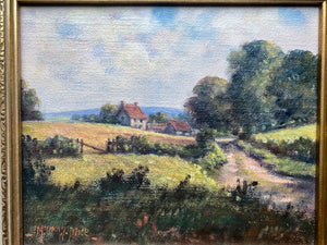 Vintage landscape oil painting on stretched canvas in gilt frame signed