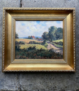 Vintage landscape oil painting on stretched canvas in gilt frame signed