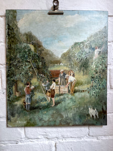 A Vintage Mid Century landscape oil painting on hard board signed.